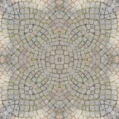 abstract background of pavement pattern of kaleidoscope grey bricks background mandala. abstract kaleidoscopic arabesque