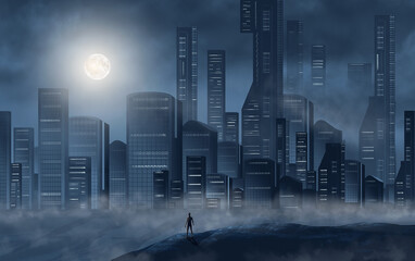 Man standing on rock and look to abstract modern sci-fi skyscrapers colorful city at night sky with moon and mitsty fog. 3D illustration, Elements furnished by NASA