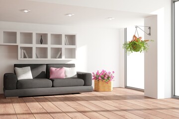 Fototapeta na wymiar modern room with sofa,pillows,shelves and plants interior design. 3D illustration