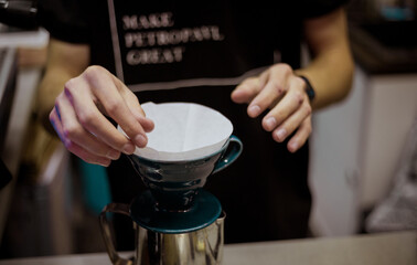 Barista preparing filter coffee, Close up