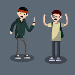 The problem of urban security. Robbery guy. A criminal with a knife. Scared man and extortion money