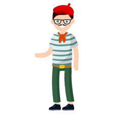 French man in blue striped clothes and red beret waving his hand. Typical resident of Europe. Cartoon flat illustration. Guy stand.