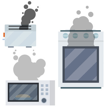 Fire On Stove. Burning Microwave, Toaster. Problem In Kitchen And Black Smoke. Cooking Food. Household And Electrical Appliances. Burnt Meal. Cartoon Flat Illustration. Fire Safety