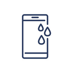 Mobile phone with water drops thin line icon. Waterproof smartphone, resistance, liquid isolated outline sign. Phone repair, service concept. Vector illustration symbol element for web design and apps