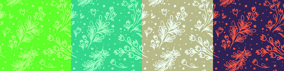 Fototapeta na wymiar Organic seamless pattern and vegetarian background with leaves. Modern ornament. Green packaging design template with raw textures. Label tag design, vegan food, natural eco cosmetics, bio concept.
