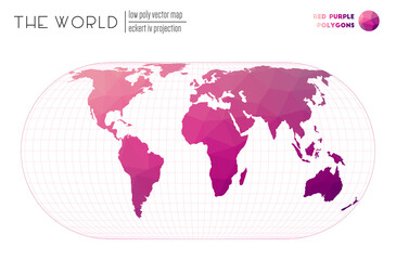 World map with vibrant triangles. Eckert IV projection of the world. Red Purple colored polygons. Energetic vector illustration.