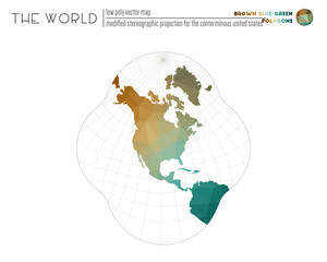 Vector map of the world. Modified stereographic projection for the conterminous United States of the world. Brown Blue Green colored polygons. Awesome vector illustration.