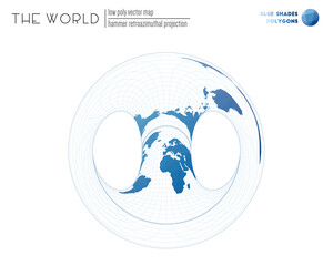 Low poly design of the world. Hammer retroazimuthal projection of the world. Blue shades colored polygons. Modern vector illustration.