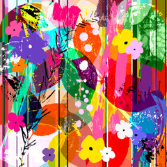 abstract background composition with little flowers, strokes, splashes and leaves