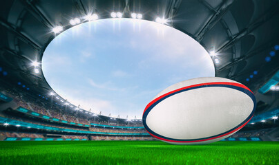 Magnificent outdoor stadium with a rugby ball on the green lawn of the field with spectators on the stands. Professional world sport 3D illustration background.