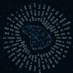 Lanai digital map. Binary rays radiating around glowing island. Internet connections and data exchange design. Vector illutration.