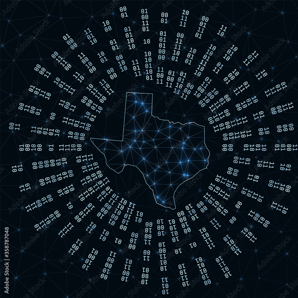 Poster texas digital map. binary rays radiating around glowing us state. internet connections and data exch