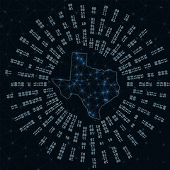 Texas digital map. Binary rays radiating around glowing US state. Internet connections and data exchange design. Vector illustration.
