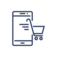 Online shopping thin line icon. Smartphone, cellphone, cart, purchase isolated outline sign. Communication, internet store, ecommerce concept. Vector illustration symbol element for web design and app