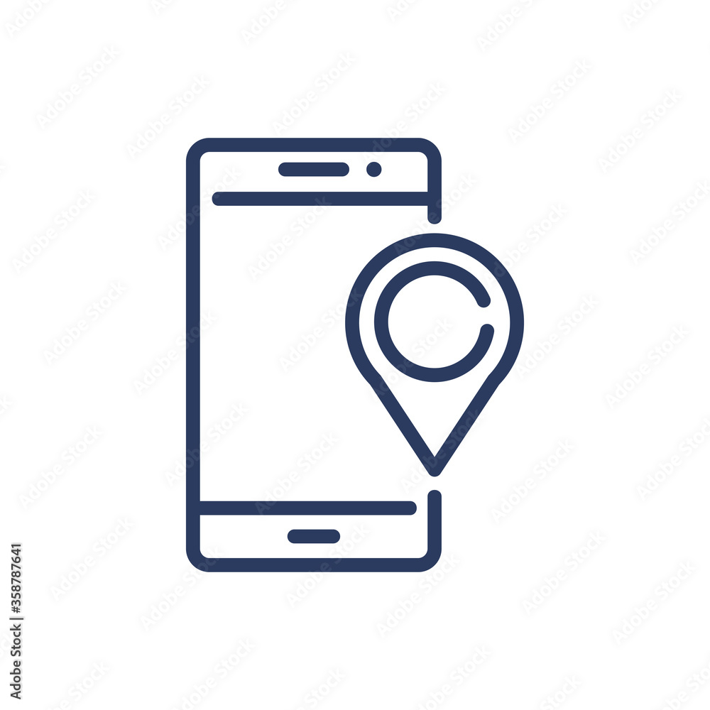 Poster location app thin line icon. mobile phone, cellphone, destination pointer isolated outline sign. com