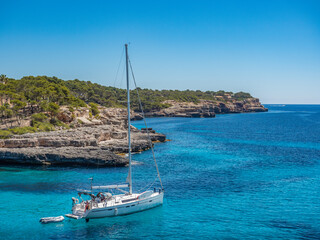 Mondrag&oacute; Natural Park Mallorca Spain ocean going yacht sailing out into the mediterranean