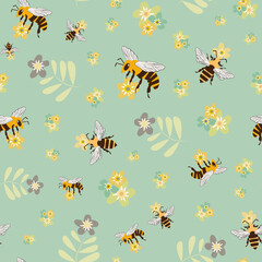 Vector honey bee and meadow flowers seamless pattern background. Retro colored backdrop with flying insect collecting pollen from florals. Folk vintage style all over print for fabric or stationery