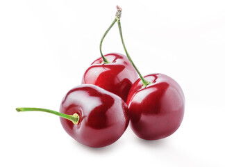Three cherry fruits with green stem isolated on white background. Clipping path