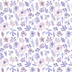 Seamless pattern with violet and pink small flowers, berries and leaves. Watercolor illustration, fine art. Vintage and romantic style. 