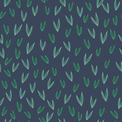 Random leaves seamless pattern on blue background. Doodle forest herbal endless wallpaper.