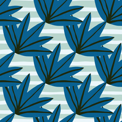 Contemporary tropical leaves seamless pattern on stripe background. Tropic palm leaf doodle vector illustration. Fashion creative design.