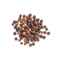 Dry black pepper pile. Peppercorn isolated on white, top view