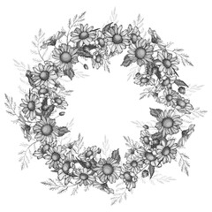 Vector wreath of summer flowers. White and black. Vintage monochrome floral round frame with chamomiles for fashion, greetings, background for save the dates.  Hand drawn. Vector stock illustration.