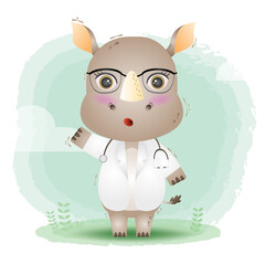 a cute little doctor rhino. Cartoon doctor rhino. Vector illustration