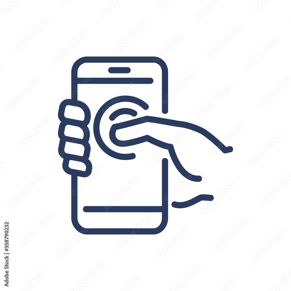 Poster smartphone in human hand thin line icon. using touchscreen, pressing display with finger isolated ou