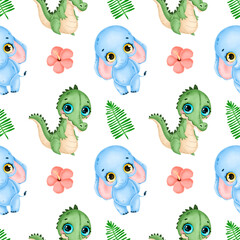 Cute cartoon tropical animals seamless pattern. Crocodile, elephant, palm leaves and hibiscus flowers seamless pattern.