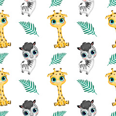 Cute cartoon tropical animals seamless pattern. Giraffe, zebra and palm leaves seamless pattern.