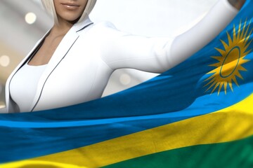 Fototapeta na wymiar cute business lady holds Rwanda flag in front on the mall background - flag concept 3d illustration