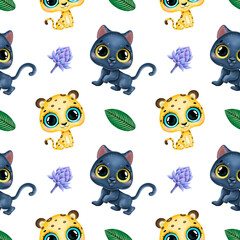 Cute cartoon tropical animals seamless pattern. Leopard, panther and tropical leaves seamless pattern.