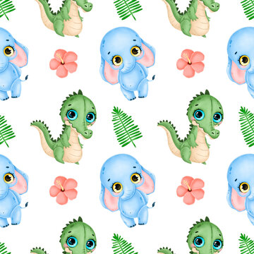Cute cartoon tropical animals seamless pattern. Crocodile, elephant, palm leaves and hibiscus flowers seamless pattern.