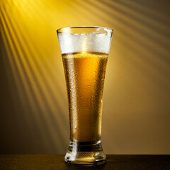 Cold craft light Beer in a glass with drops on a dark table. Pint of Beer on yellow color background.