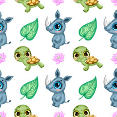 Cute cartoon tropical animals seamless pattern. Rhinoceros, turtle, tropical flowers and leaves seamless pattern.