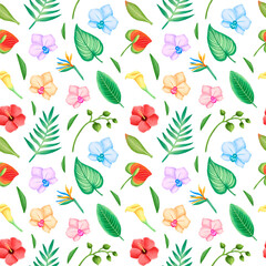 Tropical leaves and flowers seamless pattern. Hibiscus flowers, orchid and palm leaves seamless pattern.