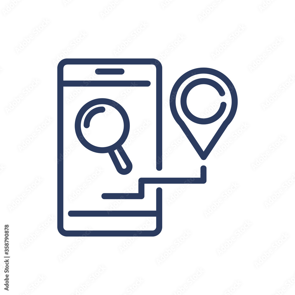 Poster location search on smartphone thin line icon. magnifier, navigation pointer, error isolated outline 