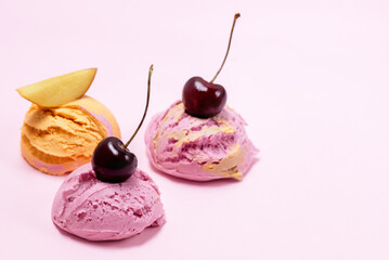 Set of three Various Ice Cream Balls or Scoops Decorated with Fruits on Pink Background Peach and...