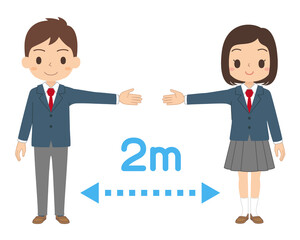感染予防のために手を広げて2mのソーシャルディスタンスを取る学生