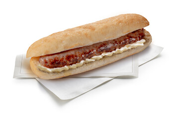 Baguette con salchicha sobre fondo blanco. Baguette with sausage on white background.