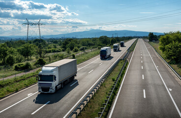 Highway transportation with a convoy of four Lorry trucks passing trucks and vans with a beautiful...