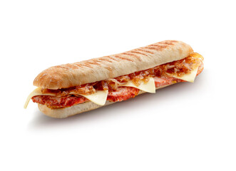 Baguette de  lomo con queso y beicon, sándwich. Loin baguette with cheese and bacon, sandwich.