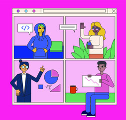Video conference and online live streaming concept. Group of millennials and young diverse people having conversation. Vector illustration in flat cartoon simple style.