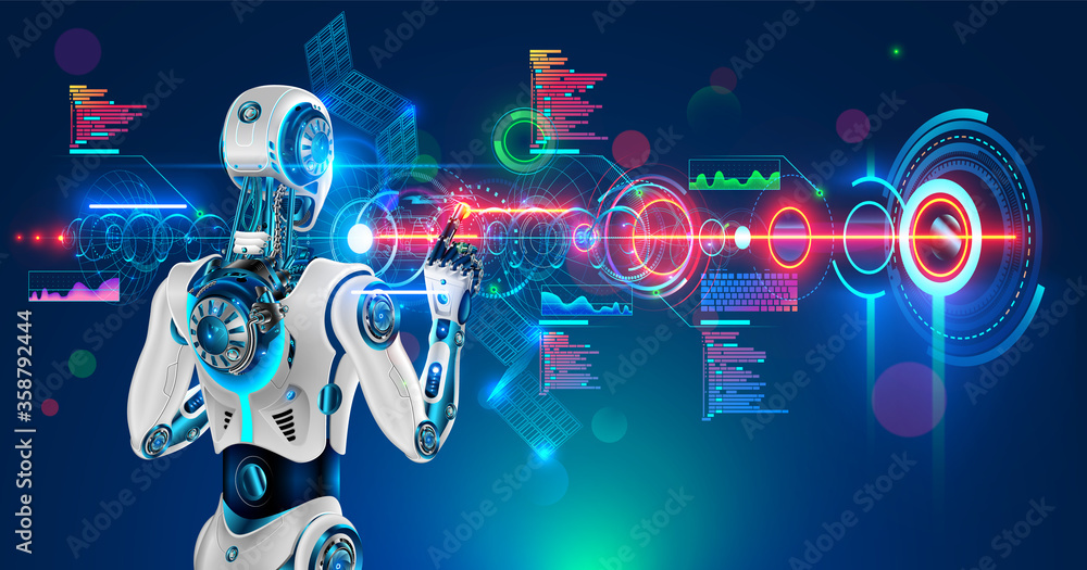 Poster Robot or humanoid cyborg working with abstract tech hologram interface. Futuristic AI in industry 4.0 develops industrial virtual drawings details. Humanoid android back view looking on screen.