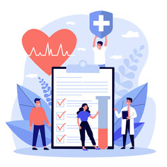 Patients and doctor advertising health insurance. People presenting medical checklist. illustration for healthcare, protection, security, medical service concept