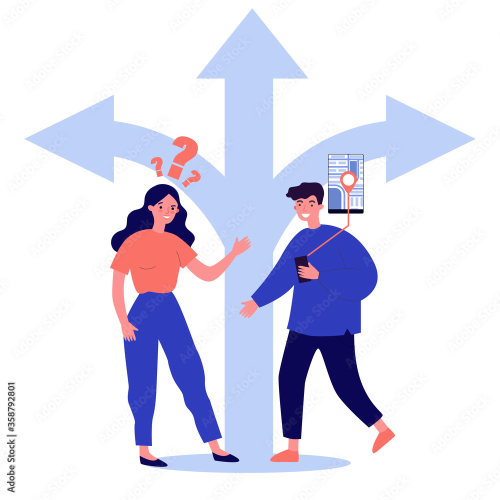 Poster young people choosing way and using gps. map, route, arrow flat vector illustration. direction and n