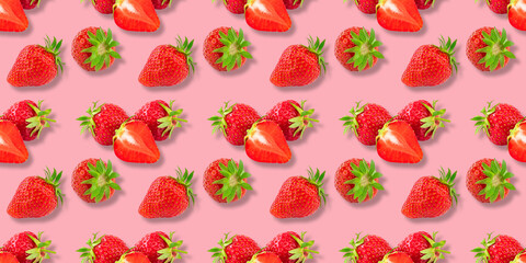 Colorful pattern of strawberries on pink background. Top view. Seamless
