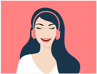 Beautiful woman listening to music on headphones vector illustration. Music and entertainment concept 