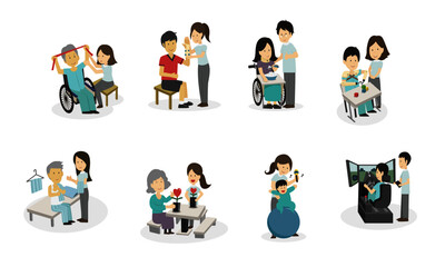 medical rehabilitation activities cartoon character design set